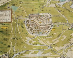 Niederlande, Karte der Stadt und Region Leiden aus Civitates Orbis Terrarum von Georg Braun und Franz Hogenberg, Köln, Kupferstich von Georg Braun and Hogenberg Franz
