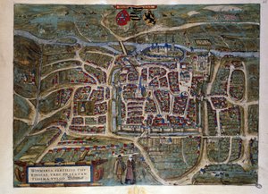 Karte der deutschen Stadt Weimar. Gravur aus dem Atlas von „Braun und Hogenberg“ 1572 von Georg Braun and Hogenberg Franz