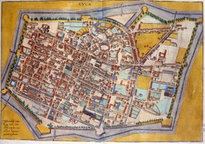 Plan von Lucca im Jahr 1585. Atlas von Braun & Hogenberg von Georg Braun and Hogenberg Franz