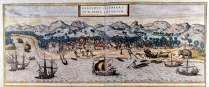 Ansicht von Kozhikode oder Calicut in Indien aus dem Atlas „Civitates Orbis Terrarum“ von Braun & Hogenberg