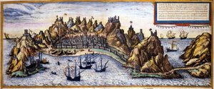 Ansicht der Stadt Aden im Jemen aus dem Atlas „Civitates Orbis Terrarum“ von Braun & Hogenberg