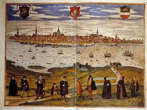 Ansicht der Stadt Rostock, Deutschland. Gravur aus dem Atlas von „Braun und Hogenberg“, 1572 von Georg Braun and Hogenberg Franz