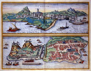 Ansicht des Hafens von Candia (heutiges Heraklion) auf Kreta und des Hafens von Korfu in Griechenland. Gravur von George Braun in „Civitatis Orbis Terrarum“ Band I, geschrieben von Franz Hogenberg von Georg Braun and Hogenberg Franz