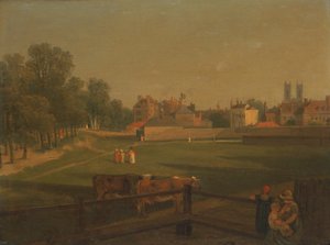 Eine westliche Ansicht eines Teils von Westminster und Bird Cage Walk vom Mill House aus