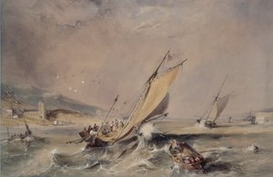 Küstenszene: Boote am Hafeneingang
