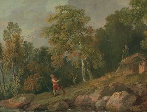 Bewaldete Landschaft mit einem Jungen und seinem Hund
