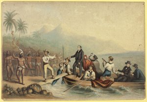 Der Empfang des Rev. J. Williams auf Tanna in den Südseeinseln, einen Tag vor seiner Ermordung von George Baxter