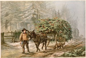 Junge führt einen Esel und Wagen, viktorianische Weihnachtskarte von George C. Leighton