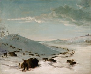Büffeljagd im Winter, Indianer auf Schneeschuhen von George Catlin
