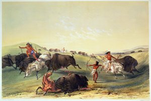 Büffeljagd, Platte 7 aus Catlins nordamerikanischer Indianersammlung, graviert von McGahey, Day und Haghe