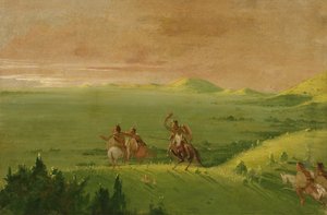 Komantschen-Kriegspartei, Häuptling entdeckt den Feind und drängt seine Männer bei Sonnenaufgang