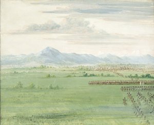 Comanche-Krieger mit weißer Flagge empfangen die Dragoner von George Catlin