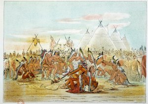 Assiniboin-Stamm, der den Pfeifentanz tanzt. Illustration von George Catlin von George Catlin
