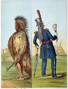Indianer Amerikas: Assiniboin-Indianer in Militärkleidung mit zwei Flaschen Whisky in seinen Taschen. Illustration von George Catlin (1794-1872)