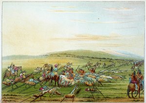 Indianer Amerikas: Stamm der Indianer mit Pferden und Hunden. Illustration von George Catlin von George Catlin