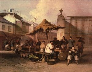 Eine Gruppe Chinesen isst vor der Kirche von San Domingo von George Chinnery