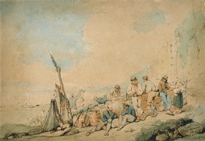 Küstenszene mit Figuren in der Nähe einer Mauer von George Chinnery