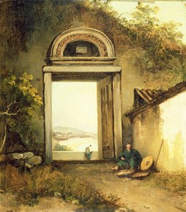 Ansicht von Praya Grande, Macao, von einer Türöffnung auf dem Penha-Hügel