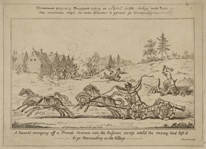 Ein Bauer trägt eine französische Kanone ins russische Lager, während der Feind plündernd im Dorf war, veröffentlicht am 8. Juni 1813 von George Cruikshank