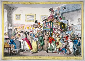 Ein Schwarm englischer Bienen im kaiserlichen Wagen!! eine Szene im Londoner Museum von George Cruikshank