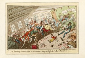 Eine interessante Szene an Bord eines Ostindienfahrers, die Auswirkungen eines schweren Schlags zeigend, veröffentlicht 1818 von George Cruikshank