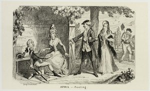 April - Narr aus George Cruikshanks Stahlradierungen zu The Comic Almanacks: 1835-1853