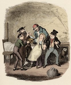 Fagin, Charley Bates, Kikes und Dawkins beleben Nancy wieder - Illustration für „Oliver Twist“ von Charles Dickens (1812-1870)