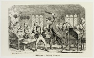 Februar - Schneidendes Wetter aus George Cruikshanks Stahlradierungen zum Comic Almanack: 1835-1853 von George Cruikshank