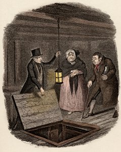 In Anwesenheit von Monsieur Bumble und Madame Corney zerstört Monks das Medaillon von Oliver Twist - Illustration für „Oliver Twist“ von Charles Dickens, von George Cruikshank