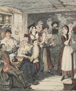 Jack Sheppard betrinkt sich und weist seine Mutter ab, Illustration aus Jack Sheppard: Eine Romanze von William Harrison Ainsworth, veröffentlicht 1839 (handkolorierte Radierung) von George Cruikshank