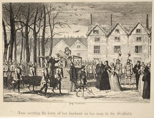 Jane trifft den Leichnam ihres Mannes auf dem Weg zum Schafott, aus Der Tower von London, veröffentlicht 1840 von George Cruikshank