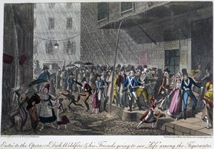 Der Eingang zur Oper in Paris - in „Life in Paris“ von David Carey, ill. von Georges Cruikshank, hrsg. von Faiburn, London