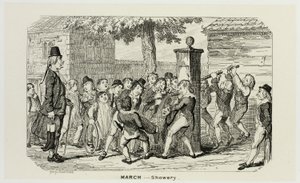 März - Regnerisch aus George Cruikshanks Stahlradierungen zu The Comic Almanacks: 1835-1853 von George Cruikshank