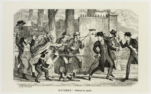 Oktober - Kündigung aus George Cruikshanks Stahlradierungen zu The Comic Almanacks: 1835-1853 von George Cruikshank