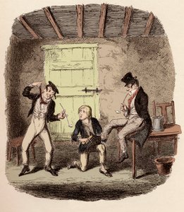 Oliver wachst die Schuhe des Fuchses, während Charley Bates die Gefahren des Hängens erklärt - Illustration für „Oliver Twist“ von Charles Dickens, von George Cruikshank
