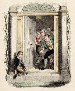 Oliver verwundet und erschöpft bittet um Hilfe - Illustration für „Oliver Twist“ von Charles Dickens (1812-1870)