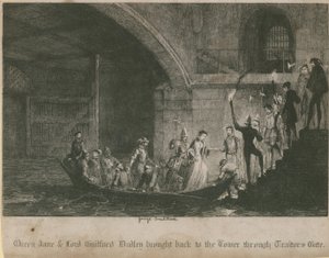 Königin Jane und Lord Guilford Dudley werden durch das Verrätertor zurück in den Turm gebracht von George Cruikshank
