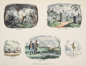 Schnipsel und Skizzen: Erhaltung, Eine afrikanische Siedlung, Löffelreiher, Ärgernis, Ein eitler Mann, veröffentlicht 1831 von George Cruikshank