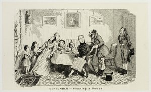 September - Eine Gans rupfen aus George Cruikshanks Stahlradierungen für The Comic Almanacks: 1835-1853 von George Cruikshank