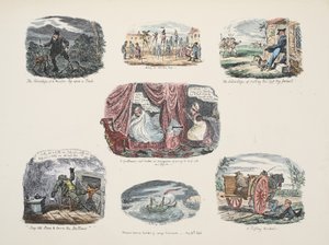 Serie von Illustrationen zu den Vorteilen und Nachteilen des Besitzes eines Holzbeins, veröffentlicht 1828 von George Cruikshank