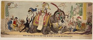 Die Probe oder der Baron und der Elefant, satirischer Druck über Kembles aufwendige Produktionen im Covent Garden Theatre mit Tieren von George Cruikshank