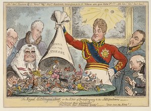 Der königliche Löscher oder der König von Brobdingnag & die Lilliputaner, 1821 von George Cruikshank