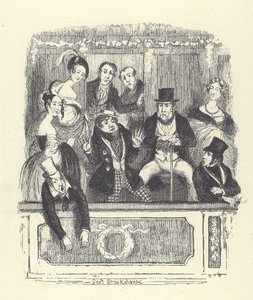 Viktorianische Theaterbesucher drängen sich in eine Loge in einem Londoner Theater (Gravur) von George Cruikshank