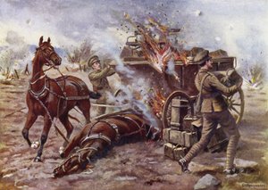 Bombardier H. A. Creasey hilft, einen brennenden Munitionswagen unter schwerem Granatfeuer zu entladen, Potijze, in der Nähe von Ypern, 25. April 1915