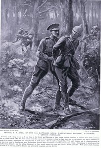 Private B R Shiel erhielt das DCM für die Gefangennahme eines deutschen Patrouilleurs in Belgien im April 1915 von George Derville Rowlandson