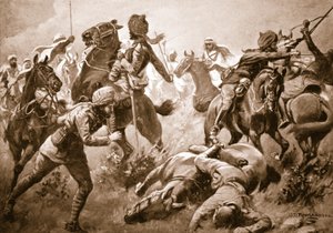 Risaldar Santa Singh, Dafadar Bisham Singh und Sowar Buda Singh brechen durch die Reihen der Araber zur Hilfe von Captain Willoughby