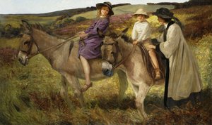 Zwei Kinder reiten auf Eseln am Rand eines Moors