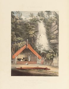 Haus von Hiwikau, Mutter des Heuneu, und Wasserfälle von Ko Waihi, bei Te Rapa, Tafel 21 aus "The New Zealanders Illustrated", 1847 von George French Angas