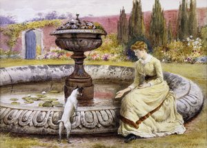 Eine Dame und ein Hund neben einem Zierteich