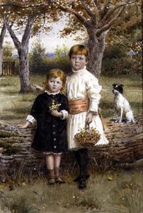 Zwei Schwestern mit einem Korb Blumen von George Goodwin Kilburne